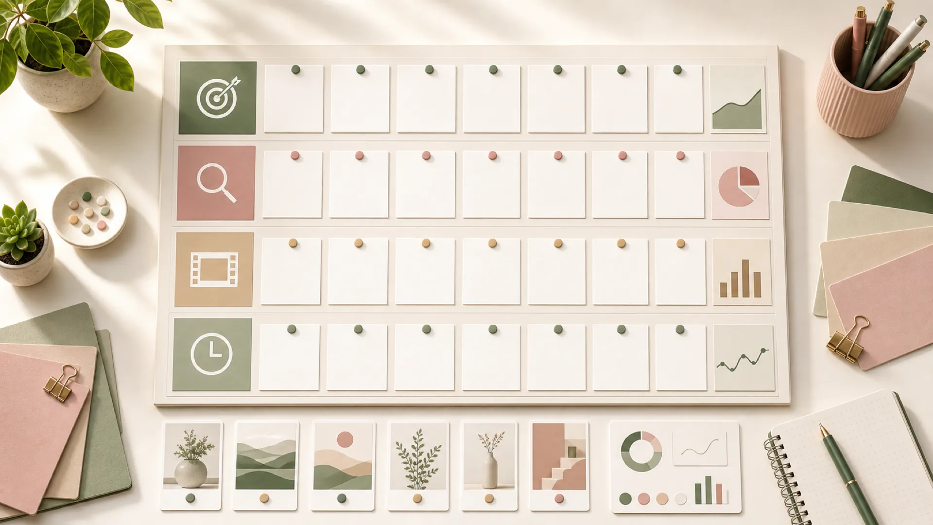 Bright studio planner board with four rows of content cards, pins, and simple analytics shapes.