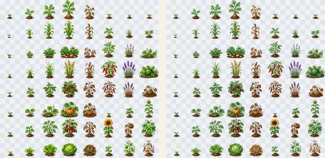 Before and after crop tile sheets showing Seedfolk crop stages with botanical pixel-art styling.
