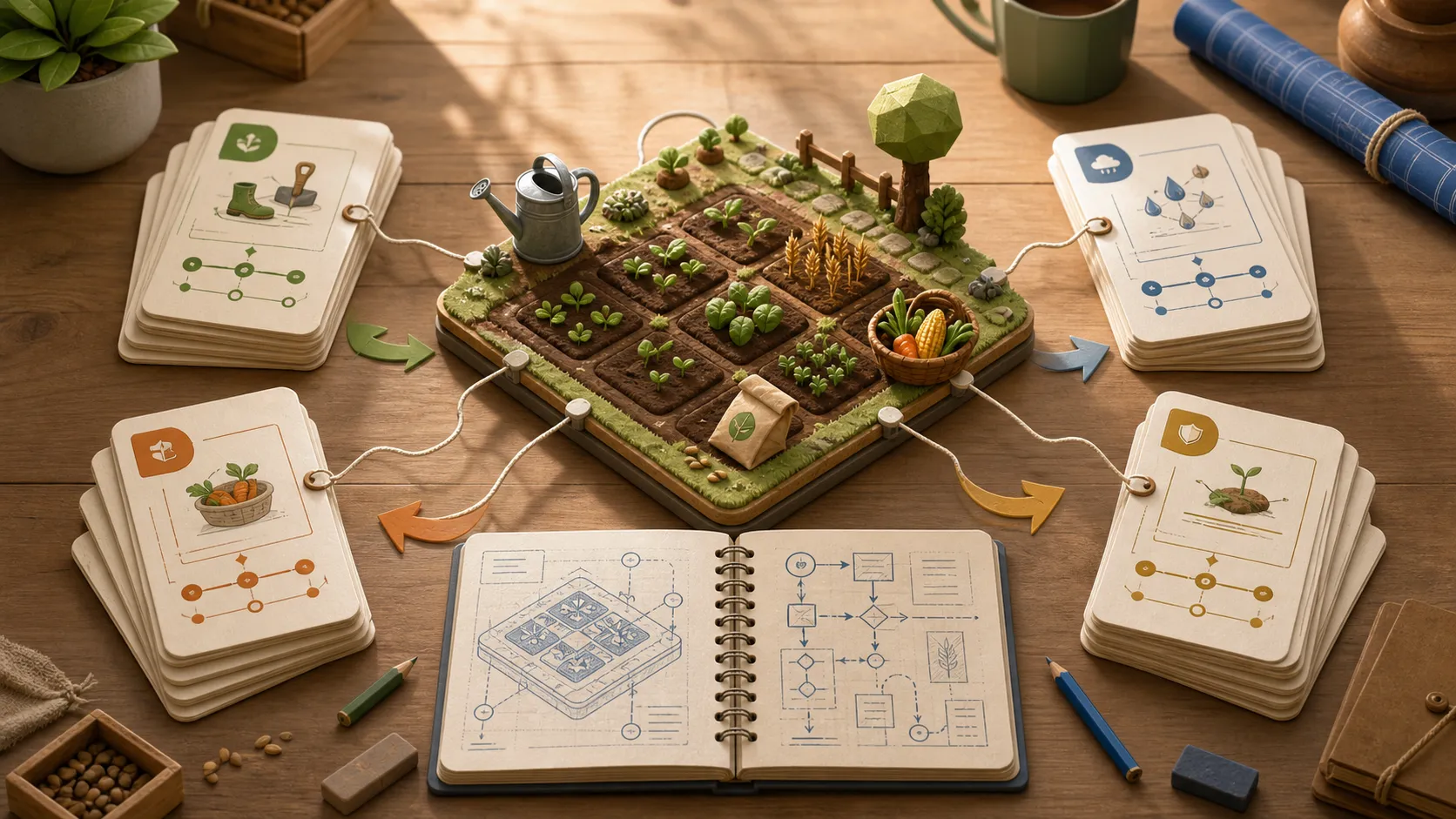 A Seedfolk contract board with farm plots in the center, surrounded by rule cards, arrows, and blueprint notes.