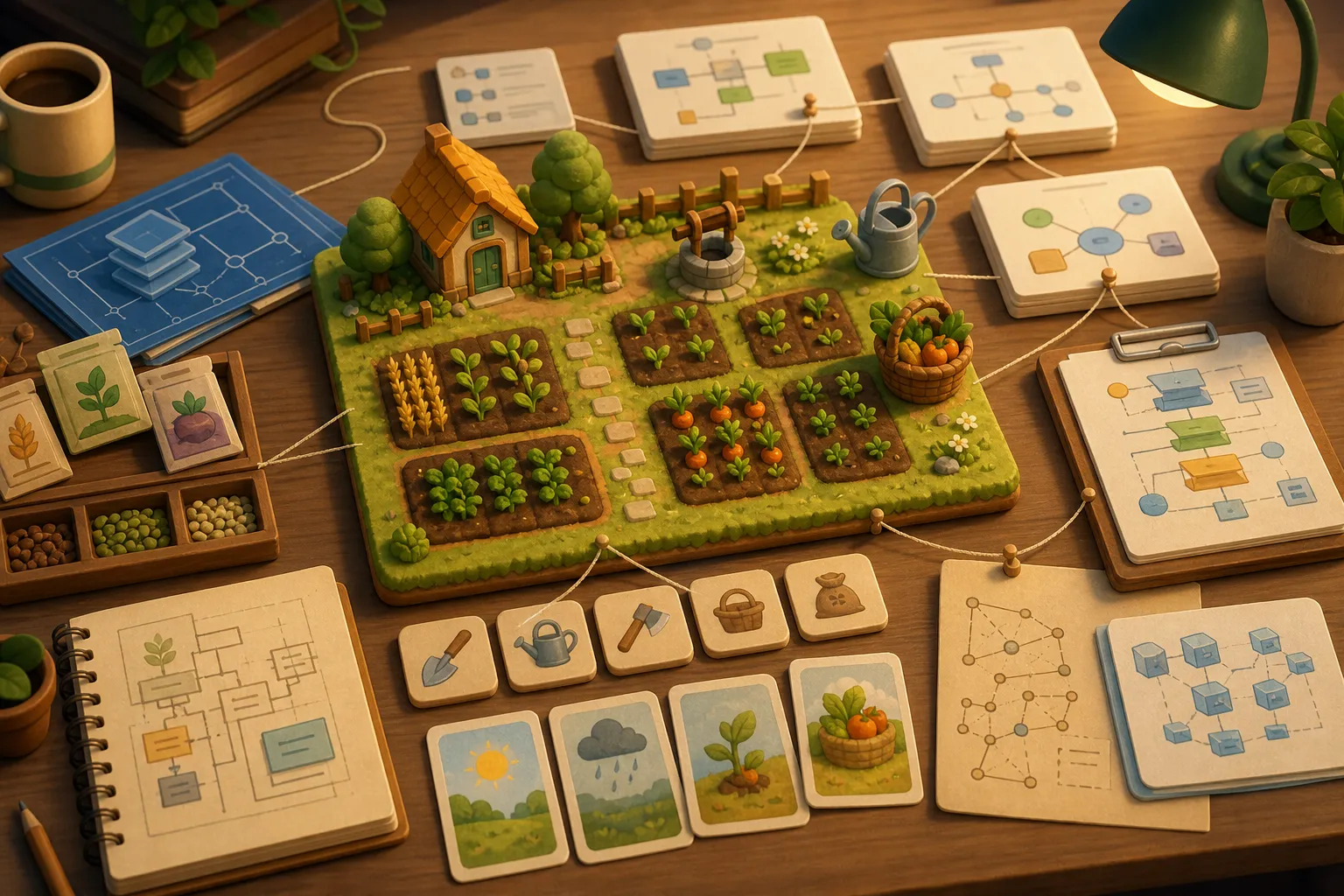 Stylized Seedfolk farm board on a design desk, surrounded by schema cards, seed packets, tools, and contract notes.