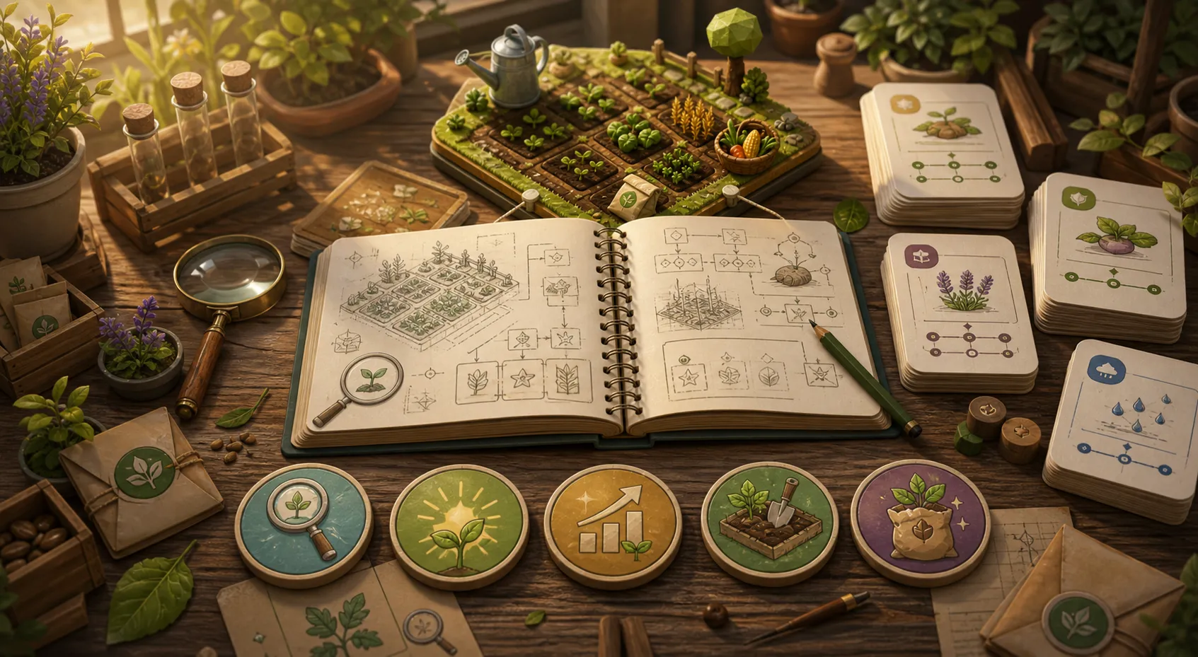AI-generated field-note workspace showing Seedfolk playtest signals as seed specimens, observation tokens, a farm notebook, and a tiny isometric farm model.